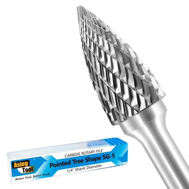 Asieg Tool SG-5 Tungsten Carbide Burr Rotary File Pointed Tree Shape Double Cut with 1/4''Shank for Die Grinder Drill Bit - Image 1